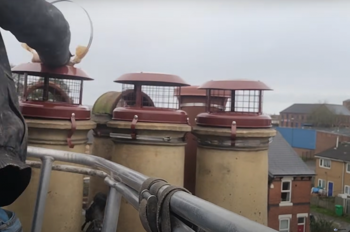 Photo showing the installation of chimney cowls on a chimney in New Basford, Nottingham